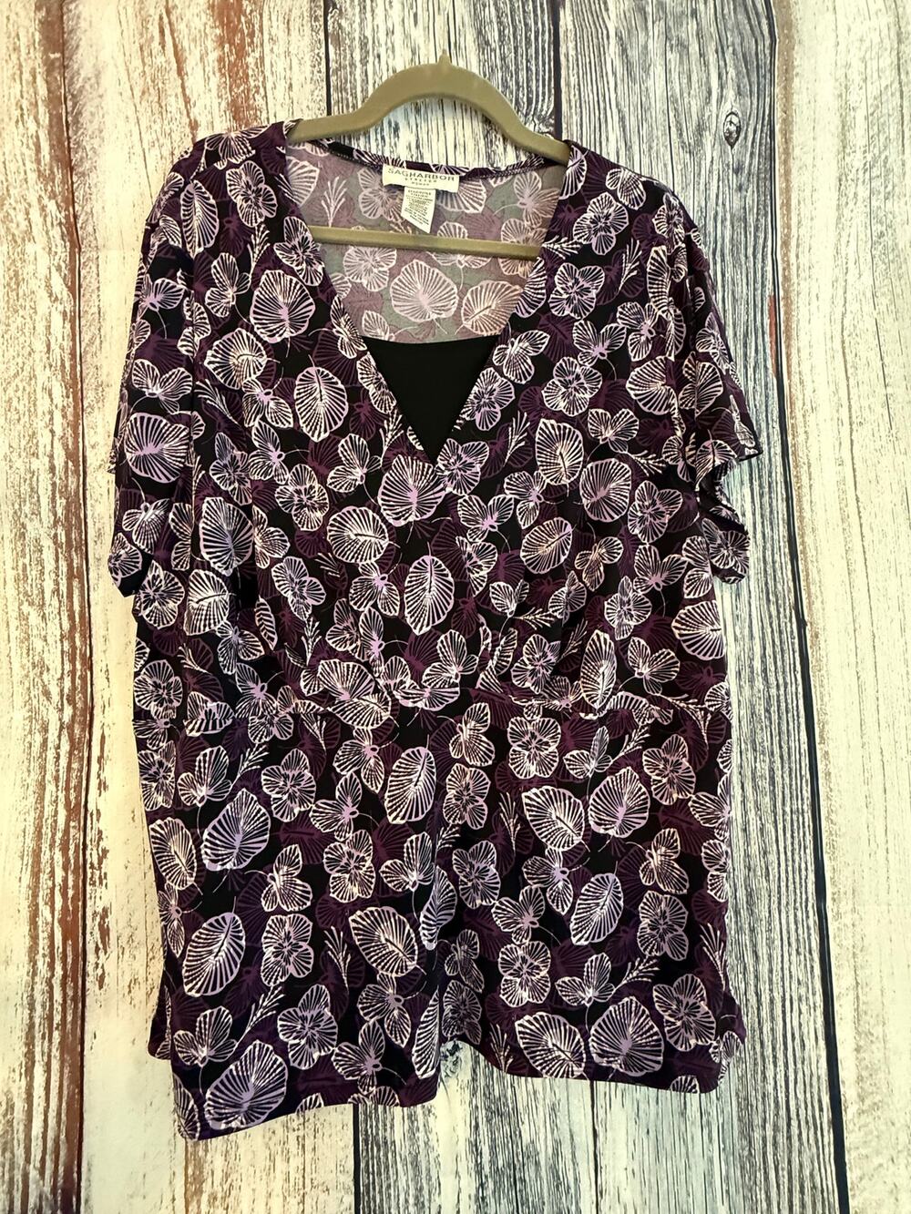 Sag Harbor Purple and White Leaf Print Short-Sleeve Blouse 2X